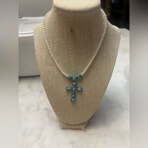 #4. Handmade Turquoise and Pearl Cross Necklace